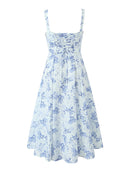 Women Summer Sweet Floral Sleeveless Midi Dress Cute Square Collar Sexy Backless Chic Split Tank Dresses