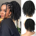 Woman with styled hair and two views of a black synthetic wig on a mannequin head, Obroi