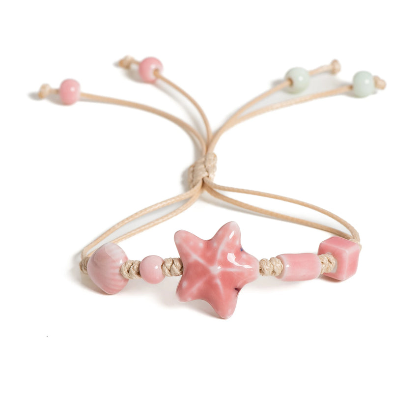 Handmade Pink Starfish Ceramic Bracelet Boho Adjustable Beach Jewelry gifts