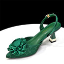 Elegant Green Handbag & Medium Heel Shoe Set with Exquisite Handmade Floral Accents