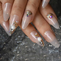 Almond Bling Press On Nails Medium Length Ombre False Nail Tips Gold Ring Glossy Fake Nails Designer