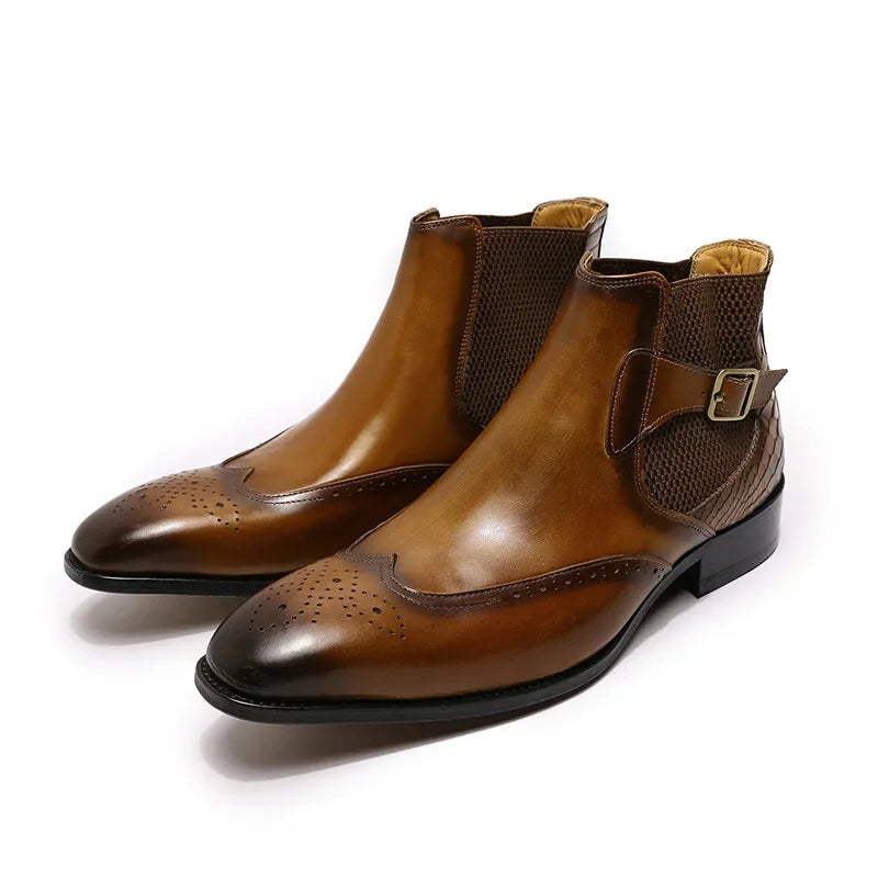 Luxury Men Genuine Leather Ankle Boots Black/Brown Wingtip Snake Buckle Strap Chelsea Shoes
