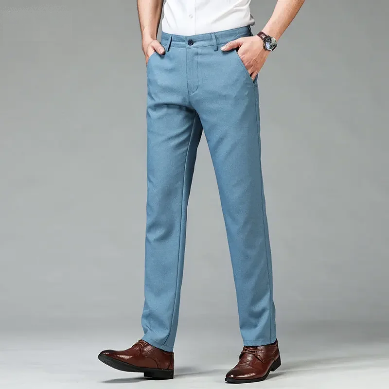 Summer Straight Men's Smart Casual Pants Imitation Linen Trend Plaid Trousers Man Full Length