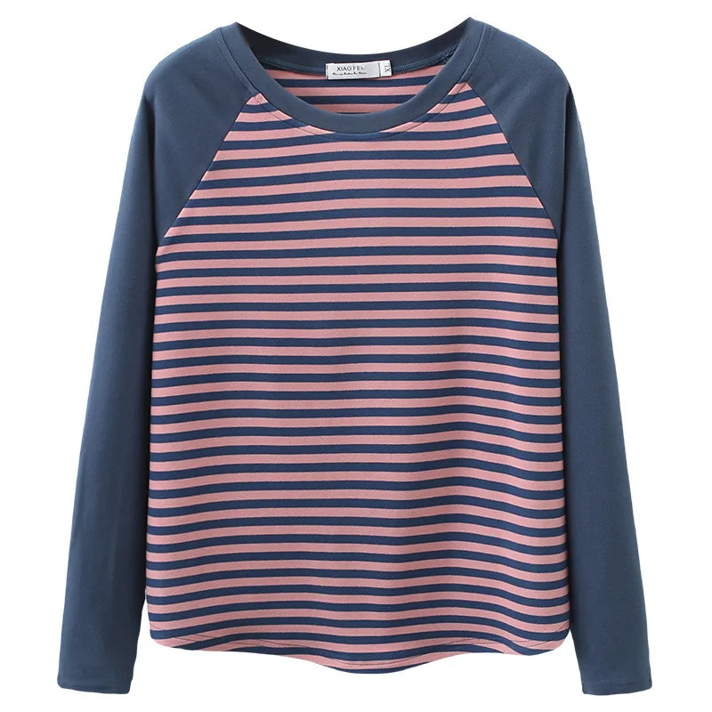 Autumn Winter Striped Stitching Velvet Fabric Thermal Bottoming T-shirt Women's Warm Inner Tops