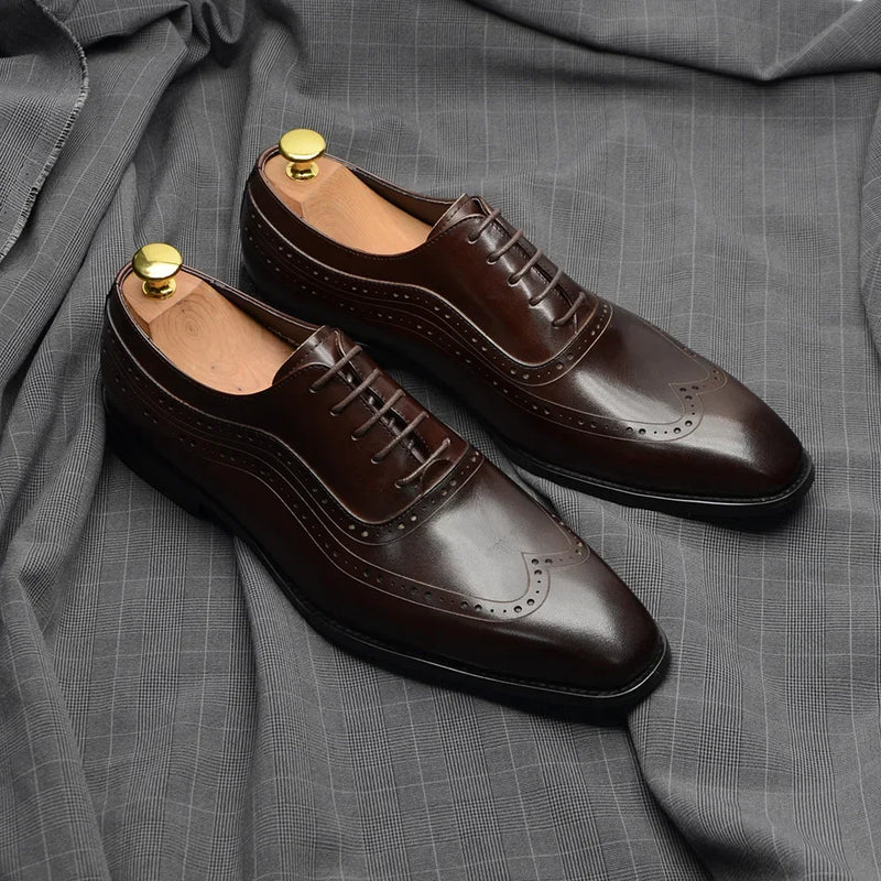 Classic Luxury Mens Dress Shoes Cowhide Genuine Leather Black Brown Lace-up Wingtip Brogue Business Office Formal Shoes for Men