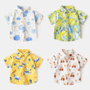 Four children's short-sleeve shirts with different patterns on a white background, Obroi
