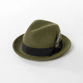 Green fedora hat with a black band and feather on a white background, Obroi