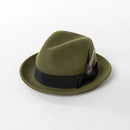 Green fedora hat with a black band and feather on a white background, Obroi