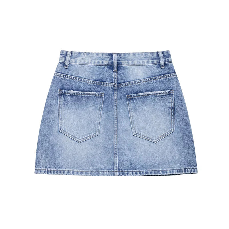 Women Denim Blue Front Zipper A-Line Mini Skirt High Waist Female Chic Lady Skirts