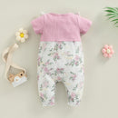 Baby Girls Casual Jumpsuit Bowknot Round Neck Short Sleeve Ribbed Patchwork Jacquard Floral Long Romper Clothes
