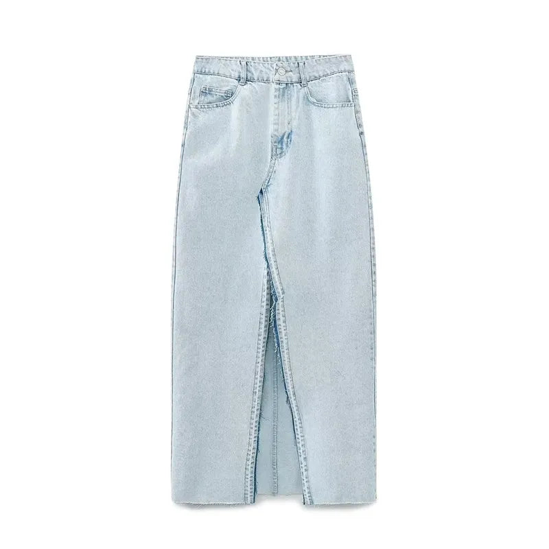 Women Light Blue Front Slit Denim Skirt Vintage High Waist Unfinished Hem Female Midi Skirts