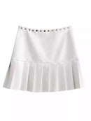 Spring Summer Chic Leather Mini Pleated Skirt Women Rivet Side Slit Short