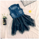 Denim vest with a layered tulle skirt on a white surface, Obroi