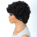 Mannequin head with a black curly wig on a white background, Obroi