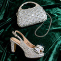 Women’s Italian Gold High Heels with Rhinestone Detail & Matching Bag Set