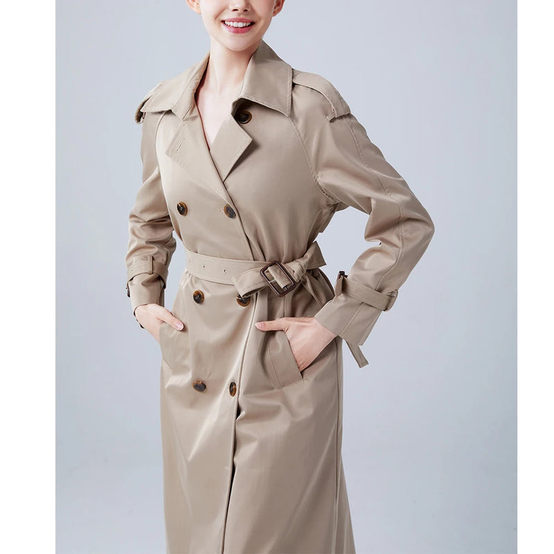 Autumn Winter Classy Design Luxury Quality European Straight Belt Pockets Women Chic Trench Long Coat