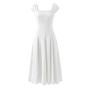 Women Square Neck Short Sleeve Midi Slim Elegant Dress Red Lace Up Evening Party Dresses