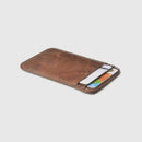 Brown leather wallet with card slots on a light gray background, Obroi