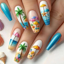 24pcs Long Square False Nail Sets Reusable Ocean Beach Pattern Design Press on Nails Yellow Fake Nails Coffin Manicure Finished