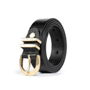 Black leather belt with gold buckle on a white background, Obroi
