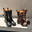 Winter Women Mid Calf Boots Autumn Western Shoes Square Toe Buckles Lady Motorcycle Boots