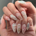 24Pcs Light Blue Smudge Fake Nails Press on Almond Gold Leaf Removable Long Full Cover Nail Tips Wearable Finished Nail Art