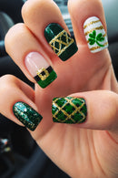 Green Square Nails with Lucky Four-leaf Clover Decoration Press on Nails with Green Grass Design Nails Press on