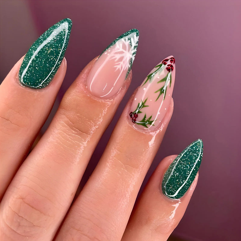 24pcs Christmas Hat Fake Nails Almond French Press on Nails Wearable Resuable False Nail Tips Manicure Christmas Gift for Girl