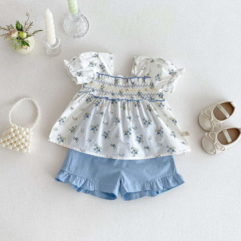 Girls Floral Doll Shirt Summer Baby Version T-shirt Children Shorts