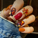 24pcs/set Medium Nail Tips for women girls Autumn Leaf Heart Flower Red Brown Black Green Press-On Nails