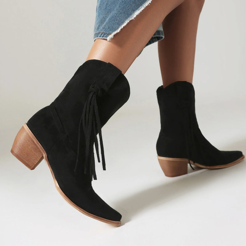 Leopard Wood Grain Thick Heel Tassel Thin Strap Slip-On Plush Lining Boots