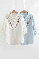Girl Floral Embroidery Cotton Yarn Shirts Women Casual Loose Blouse
