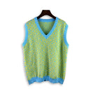 Flower Patchwork V-neck Vest Plaid Jacquard Knitted Sweater Sleeveless Oversized Spring and Autumn Casual