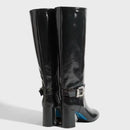 Women's Black Patent Leather Boots Rhinestone Square Buckle Decor Round Toe Side Zipper Long Boots