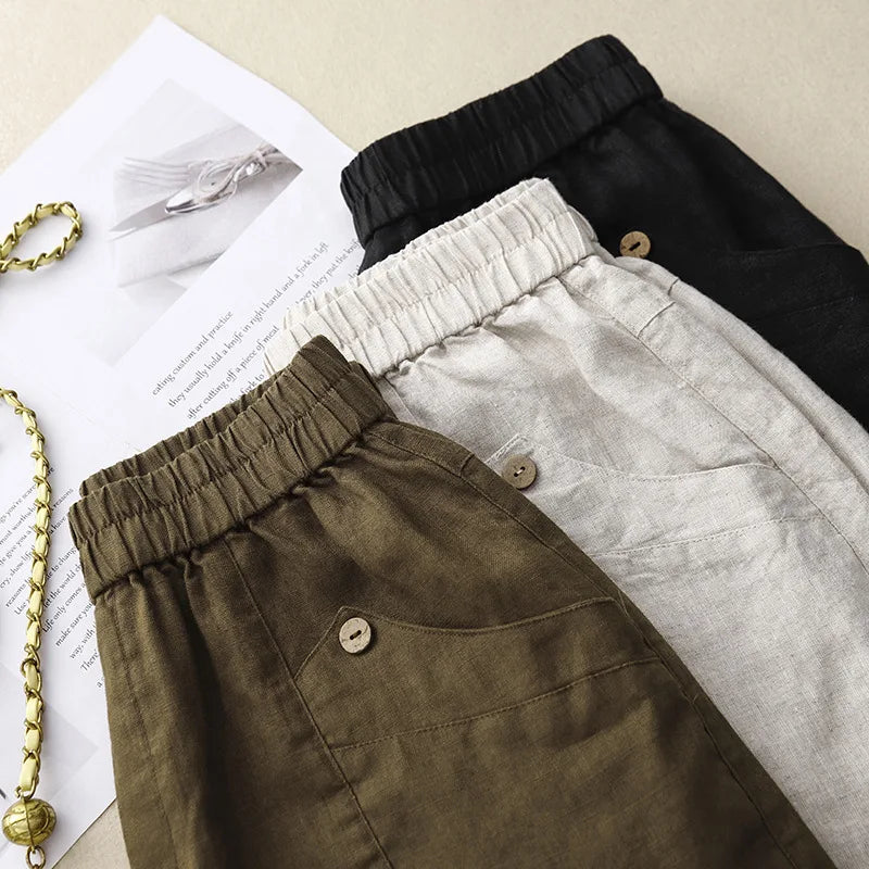 Linen Shorts Pants Casual Button Up High Waist Wide Leg Pants Clothing