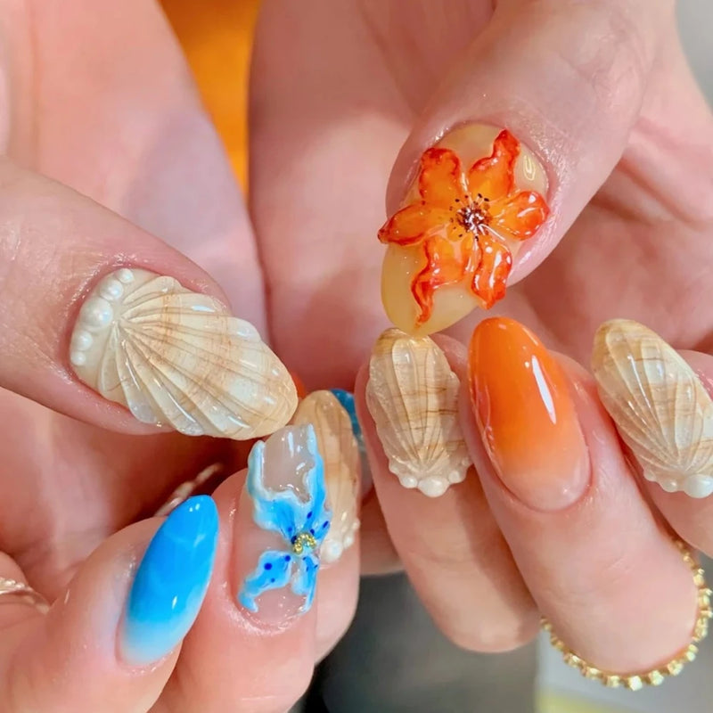 Handmade Manicure Medium Almond Fake Nails Limited Press On Nails Shell Design with Adhesive Nail File Set