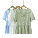 Women Blouses Summer Short Sleeve Cotton Jacquard Lace-Up Tops Loose Tees Oversized Curve Clothes