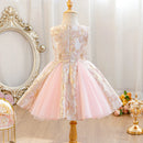 A sleeveless children's dress displayed on a dress form, featuring a champagne-gold floral brocade bodice and a layered tulle skirt in soft blush pink. The dress is styled in an elegant indoor setting with a vintage gold mirror and decorative flowers, Obroi