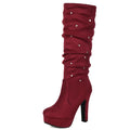 Red high-heeled boot with studded details on a white background, Obroi