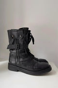 Retro Round Toe Black Leather Boots Men Rivets Belt Buckles Side Zipper Straps Punk Style Motorcycle Riding Boots