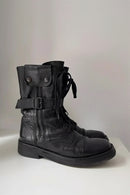 Retro Round Toe Black Leather Boots Men Rivets Belt Buckles Side Zipper Straps Punk Style Motorcycle Riding Boots