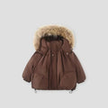 A brown puffer jacket with a large beige faux-fur trimmed hood, shown against a solid light gray background, Obroi