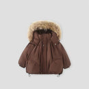A brown puffer jacket with a large beige faux-fur trimmed hood, shown against a solid light gray background, Obroi