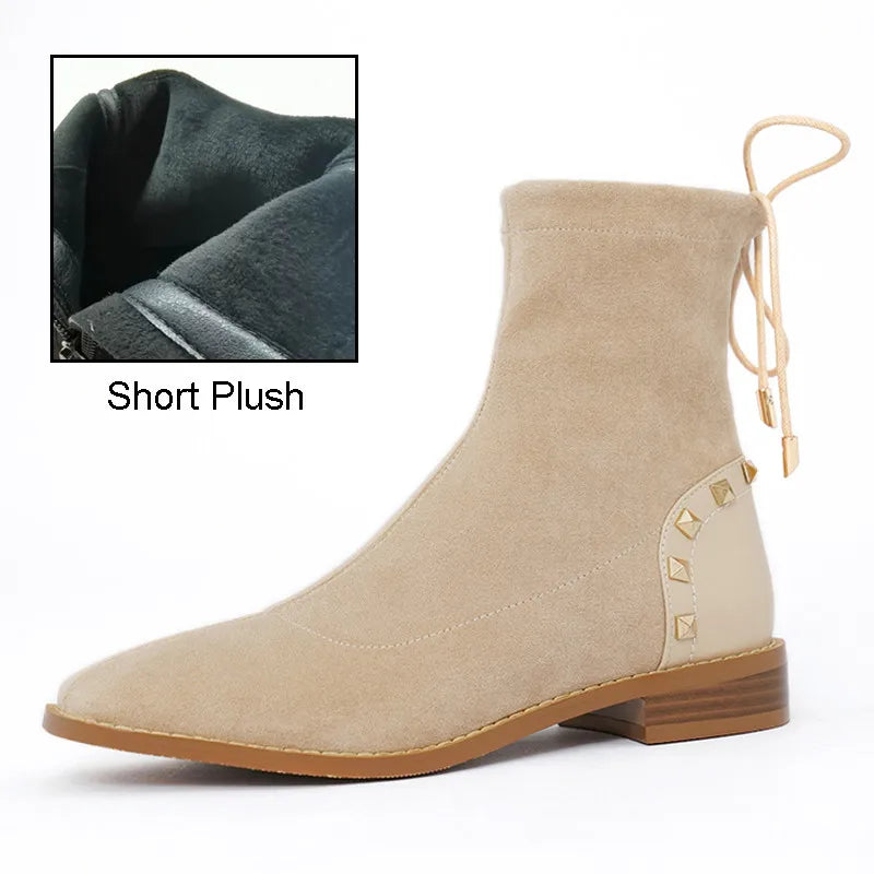 Winter Women Plush Ankle Boots Beige Stretch Casual Lady Square Toe Low Block Heel Lace Up Rivet Short Boots