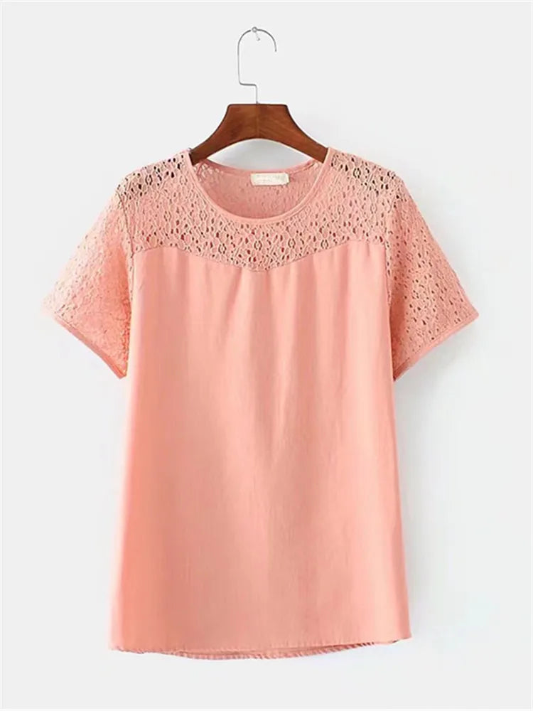 Clothes For Summer T-Shirt Lace Cutout Fabric Stitching With Natural Cotton And Linen Fabric