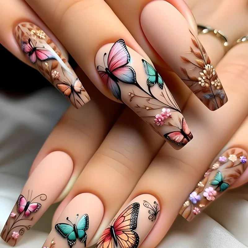 Stick-on Nails Finger Nail Tips Multicolor Butterfly Fake Nails Press on Nails for Girls