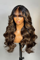 13x4 Lace Frontal Balayage Highlight Loose Wave Wig With Wispy Bangs Human Hair Glueless Wigs