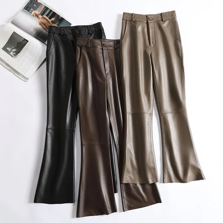 Leather Pants for Women High Waist Flared Pants Style Trousers Belt Black Pants Streetwear