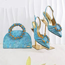 Glitter Rhinestone Ring Handle Evening Clutch And Women Slingback Heels Shoes Set in Sky Blue Color