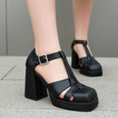 T-Strap Metal Square Buckle Narrow Hollowed Out Women Sandals Platform Heel Sandals